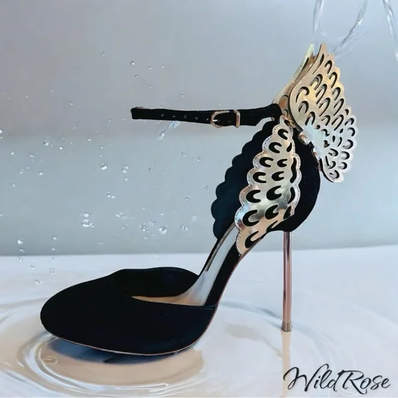 SOPHIA WEBSTER EVANGELINE D’ORSAY BLACK & ROSE GOLD BUTTERFLY WINGS PUMPS SZ 36